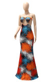 Red Fashion Sexy Print Hollowed Out Strapless Long Dress