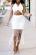 White Sexy Solid Tassel Patchwork Halter Sleeveless Two Pieces