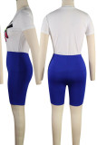 Blue Casual Print Patchwork O Neck Short Sleeve Two Pieces