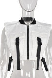 White Casual Street Solid Patchwork Pocket Zipper Tops