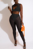 Orange Fashion Sexy Solid Hollowed Out Patchwork See-through O Neck Sleeveless Two Pieces