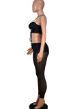 Black Sexy Solid Bandage Hollowed Out Patchwork Halter Sleeveless Two Pieces