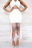 White Sexy Solid Tassel Patchwork Halter Sleeveless Two Pieces