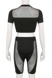 Black Fashion Sexy Solid Patchwork See-through Half A Turtleneck Short Sleeve Two Pieces