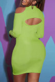 Green Fashion Casual Solid Hollowed Out Backless Half A Turtleneck Long Sleeve Dresses