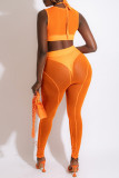 Orange Fashion Sexy Solid Hollowed Out Patchwork See-through O Neck Sleeveless Two Pieces