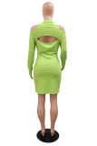 Green Fashion Casual Solid Hollowed Out Backless Half A Turtleneck Long Sleeve Dresses