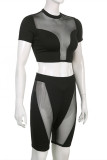 Black Fashion Sexy Solid Patchwork See-through Half A Turtleneck Short Sleeve Two Pieces