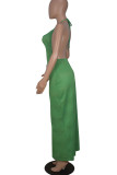 Green Sexy Solid Hollowed Out Split Joint Backless Halter One Step Skirt Dresses