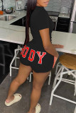 Blue Fashion Casual Letter Print Basic O Neck Short Sleeve Two Pieces
