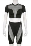 Black Fashion Sexy Solid Patchwork See-through Half A Turtleneck Short Sleeve Two Pieces