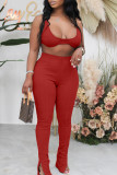 Red Sexy Casual Solid Slit U Neck Sleeveless Two Pieces