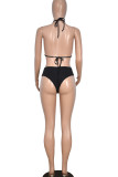 Black Sexy Solid Patchwork See-through Flounce Halter Three Pieces