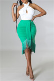 Green Fashion Casual Solid Tassel Patchwork Regular High Waist Skirt