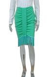 Green Fashion Casual Solid Tassel Patchwork Regular High Waist Skirt