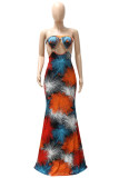 Red Fashion Sexy Print Hollowed Out Strapless Long Dress