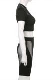 Black Fashion Sexy Solid Patchwork See-through Half A Turtleneck Short Sleeve Two Pieces