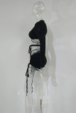 Black Fashion Sexy Solid Bandage Hollowed Out Swimwears Three-piece Set (Without Paddings)