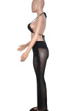 Black Sexy Solid Patchwork See-through Flounce Halter Three Pieces