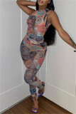 Colour Fashion Sexy Print Basic O Neck Sleeveless Two Pieces