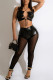 Black Sexy Solid Bandage Hollowed Out Patchwork Halter Sleeveless Two Pieces