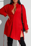 Red Fashion Casual Solid Basic Turndown Collar Long Sleeve Dresses