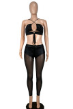 Black Sexy Solid Bandage Hollowed Out Patchwork Halter Sleeveless Two Pieces