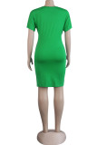 Red Fashion Casual Solid Split Joint O Neck Short Sleeve Dress