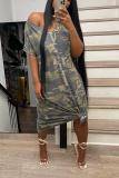 Army Green Fashion Camouflage Print Patchwork V Neck Straight Dresses