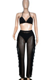 Black Sexy Solid Patchwork See-through Flounce Halter Three Pieces