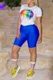 Blue Casual Print Patchwork O Neck Short Sleeve Two Pieces