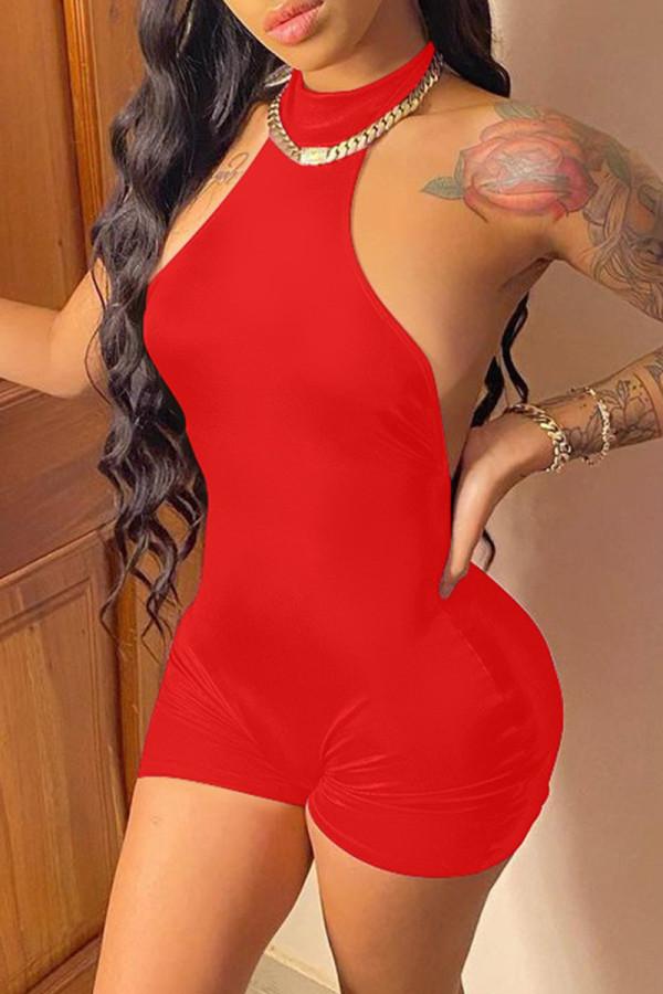Red Fashion Sexy Casual Solid Backless O Neck Skinny Romper