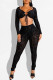 Black Fashion Sexy Print Bandage See-through V Neck Long Sleeve Two Pieces