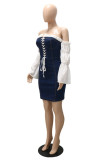 Deep Blue Fashion Casual Solid Patchwork Backless Off the Shoulder Long Sleeve Dresses