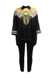 Black Fashion Casual Print Patchwork See-through O Neck Long Sleeve Two Pieces