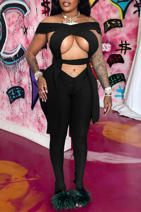 Black Fashion Sexy Casual Solid Hollowed Out Patchwork Backless Off the Shoulder Two Pieces
