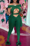 Green Fashion Sexy Casual Solid Hollowed Out Patchwork Backless Off the Shoulder Two Pieces