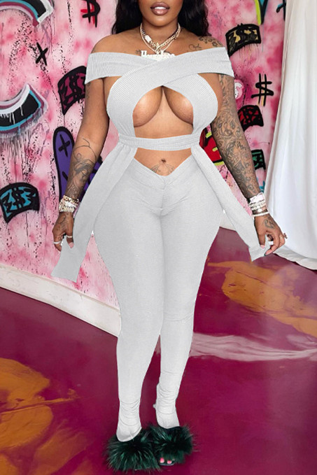 White Fashion Sexy Casual Solid Hollowed Out Patchwork Backless Off the Shoulder Two Pieces