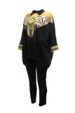 Black Fashion Casual Print Patchwork See-through O Neck Long Sleeve Two Pieces