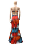 Red Fashion Sexy Print Hollowed Out Strapless Long Dress