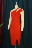 Tangerine Red Fashion Sexy Solid Patchwork Slit One Shoulder Evening Dress