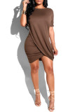 Blue Fashion Casual Solid Split Joint O Neck Short Sleeve Dress