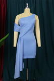Sky Blue Fashion Sexy Solid Patchwork One Shoulder Evening Dress