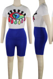 Blue Casual Print Patchwork O Neck Short Sleeve Two Pieces