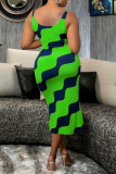 Green Casual Print Split Joint Asymmetrical U Neck Dresses