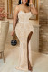 Apricot Fashion Sexy Patchwork Hot Drilling Backless Slit Spaghetti Strap Long Dress