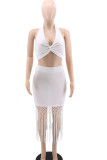 White Sexy Solid Tassel Patchwork Halter Sleeveless Two Pieces
