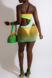 Yellow Fashion Sexy Print Hollowed Out Backless Swimwears (Without Paddings)