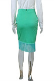 Green Fashion Casual Solid Tassel Patchwork Regular High Waist Skirt