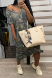 Army Green Fashion Camouflage Print Patchwork V Neck Straight Dresses